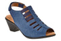 Sandal, blue leather, Comfortiva Faye, strappy with cut-outs, slingback strap, memory foam footbed, low block heel.