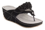 Sandal, David Tate Garden; black leather with white stitching, toe post, floral accents, light sole.