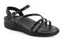 Sandal, black leather, Strive Anguila, three front straps, side buckle, low wedge sole for support.