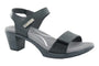 Sandal, black leather, ankle strap, open toe, thick sole; Naot branding; designed for comfort and support.