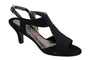 Sandal, black fabric upper, open toe, crisscross straps, adjustable ankle buckle. Ros Hommerson Lucky comfort shoe.