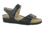 Sandal, black leather, Naot Vivian with open toe, ankle straps, arch support, cork-latex footbed, low wedge heel.