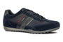 Geox Wells men’s low-cut navy sneaker with gray/red accents, lace-up, rubber sole, on white background.