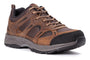 Athletic shoe, Propet Connelly, brown/black mesh with laces and high-traction outsole for support on white background.