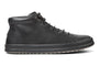 Sneaker, black leather, high-top by Camper, K300236; flat dark sole, black laces; side profile.