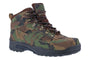 Boot by Drew Shoes, camo-print leather upper, brown laces, shown on white background. Comfort features not visible.