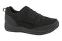 Shoe, black mesh, Drew Shoes Strength mens lace-up with durable rubber sole, side profile on white.