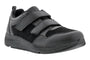 Sneaker, Drew Shoes Contest: black mesh and rubber with straps, removable footbeds, thick sole, front view.