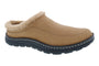 Shoe by Drew Shoes, tan with faux fur lining, black sole, removable footbed, side view on white background.