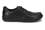 Shoe, black leather lace-up, cushioned footbed, rounded toe, Born Nigel 3 with embossed logo near heel.