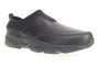 Shoe, black leather, Propet Stability Slip On with thick sole, visible stitching, memory foam insole on white background.