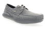 Shoe, gray canvas, Propet Viasol Lace slip-on boat style with laces, dark rubber sole for support, on white background.