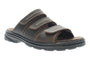 Sandal, brown leather, Propet Hatcher, three Velcro straps, arch support, black rubber sole.