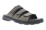 Sandal, brown synthetic, men’s, with 3 Velcro straps, arch support, and black sole. Propet Hatcher on white background.