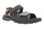 Sandal, Propet Hudson, brown leather, two Velcro straps, white stitching, removable footbed for adjustable fit.