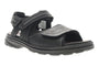Sandal, black leather, Propet Hudson, Velcro straps, white stitching, adjustable fit for comfort, on white background.