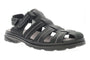 Sandal, Propet Hunter men’s, black with white stitching, multi-straps, closed toe, visible arch support.