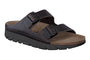 Sandal, brown full-grain leather, Mephisto Zonder, two buckles, thick sole, ergonomic footbed for support.