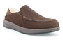 Slipper, brown suede, Propet Edsel; visible stitching, cushioned sole, soft faux shearling lining.