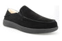 Slipper, black suede, Propet Edsel slip-on with rubber sole and visible stitching, displayed on white background.