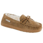Slipper, tan suede BEARPAW Men’s Moc II with stitched details, fleece lining, durable rubber sole for comfort.