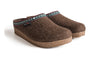 Clog, brown wool felt, Haflinger GZ Classic, with cork footbed and patterned trim, on white background.