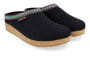 Clogs in grey wool felt, Haflinger GZ Classic with cork soles, patterned trim at opening for support and comfort.