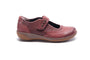 Mary Jane shoe, maroon leather, perforated, Velcro strap, Halsa Footwear Aloe with removable antimicrobial insole.
