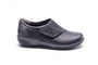 Shoe, black leather, Halsa Footwear Anna slip-on with stitching, 3 metal buttons, orthotic footbed for support.