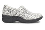 Shoe, Align Indya; white with black leopard print, thick sole, side view, visible orthotic insole for comfort.