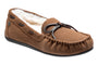 Slipper; brown suede ABEO Vancouver womens moccasin with black sole, laces, white fleece lining, and cushioned insole.