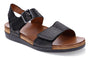 Sandal, black leather, Revere Georgia, with contoured footbed, cork sole, and adjustable ankle strap for support.