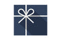 Gift Wrapping by The Walking Company: square blue gift box with white ribbon, on white background with shadow.