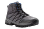 Boot, Propet Traverse gray/black waterproof with blue trim, mesh upper, thick tread, black laces; white background.