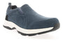 Shoe, blue synthetic Propet Cash, slip-on, water resistant with white/black rubber sole, angled view.