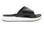 Sandal, black nubuck, Propet Emerson with thick white sole shown from side on white background.