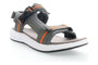 Sandal, Propet Eli, gray with orange accents, black buckle, white sole, cushioned EVA footbed for comfort, angled view.