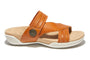 Sandal, orange leather, by Halsa Footwear with two straps, EVA footbed for cushioning, white sole, round button detail.