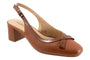 Slingback shoe, brown leather, Trotters Dalani with low heel, cushioned footbed, buckle strap and bow at toe.