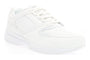 Shoe, white leather, Propet Lifewalker Sport with thick EVA midsole for cushioning, minimal details, angled view.