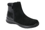 Boot in black suede by Drew Shoes, side zipper, rounded toe, rubber sole for traction; suitable for cold weather.