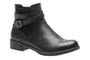 Bootie, black leather, low heel, cushioned footbed, side buckle strap, textured panels; Propet Tatum on white background.