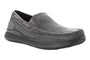 Shoe, gray canvas, Propet Viasol, textured upper, black sole, stitching, removable cushioned footbed for comfort.