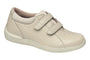 Walking shoe in beige leather by Drew Shoes with Velcro straps and plantar fasciitis support.