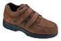 Shoe, brown suede, Traveler V by Drew Shoes with hook and loop straps, thick black sole for comfort and support, side view.