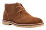 Shoe, tan suede, The Propet Findley with visible stitching and beige rubber sole on white background.