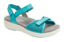 Sandal, Alegria Traq Qali, turquoise synthetic, adjustable straps, thick sole, Q Chip tech on white background.