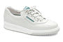 Shoe, Mephisto Match, white leather with green stitching, white sole, SOFT-AIR comfort technology for cushioning.