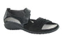Sandal, black leather; Naot Papaki; open toe, Velcro strap, removable cork footbed, low heel for support.