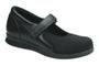 Shoe, black leather, Drew Shoes Bloom II Mary Jane with velcro strap, closed toe, flat sole, plantar fasciitis support.